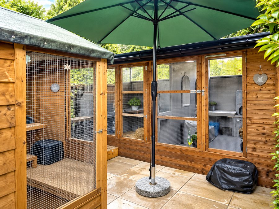 The Cottages, timber suites with mesh fronts around a shaded patio