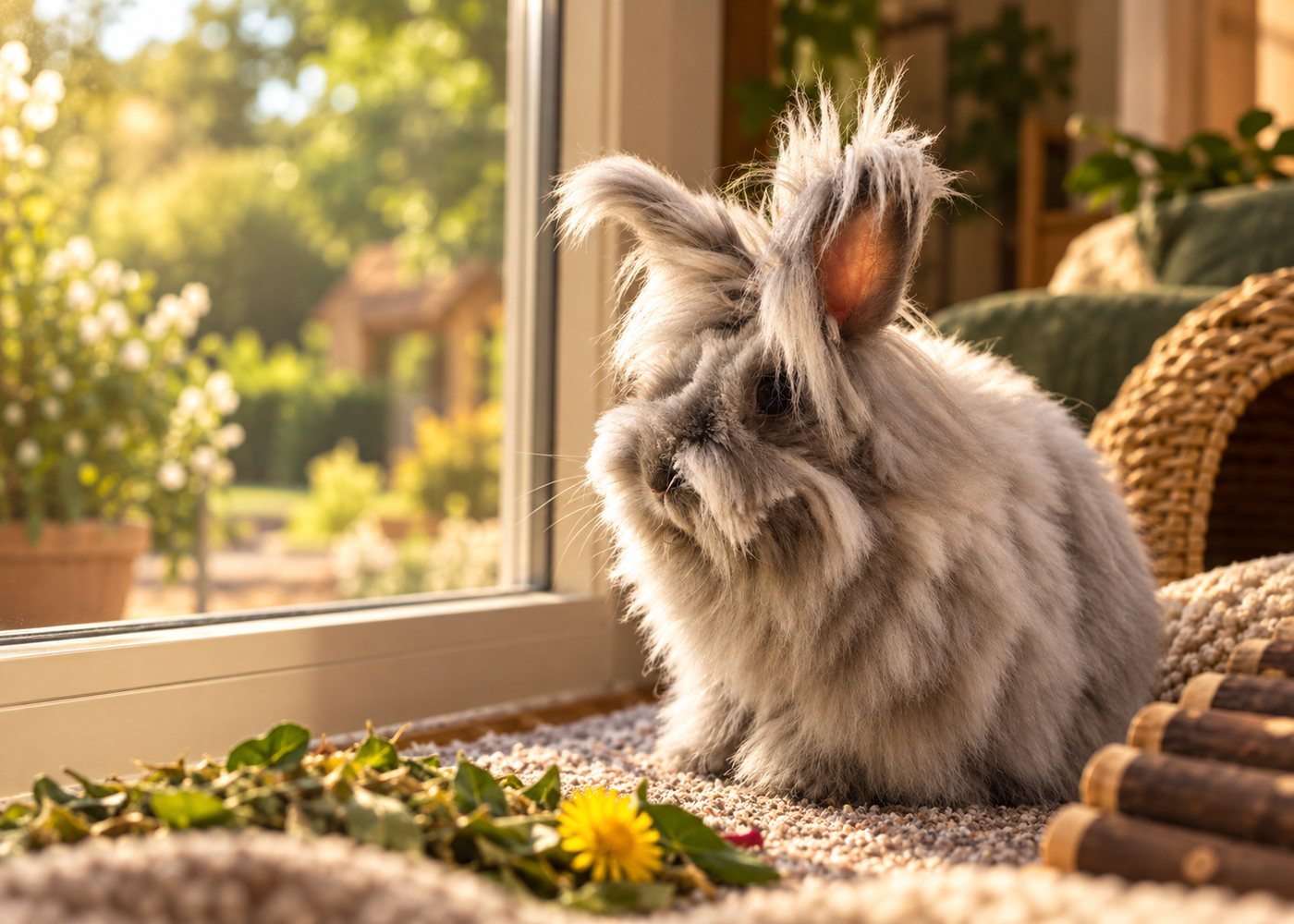 A fluffy grey rabbit in a sunlit suite, looking out over the garden